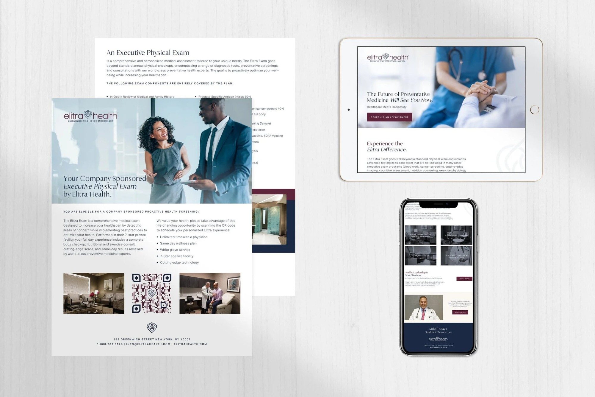 Elitra Health executive physical exam flyer and website on tablet and phone